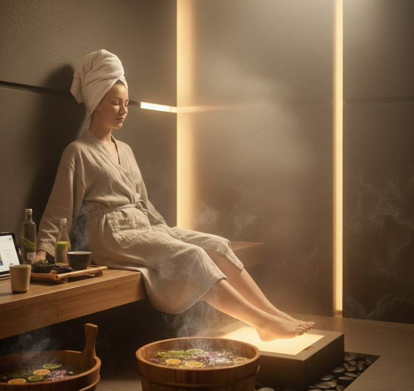 Un ghid de bunăstare profundă pentru masajul picioarelor într-o cameră de aburi pentru transpirație